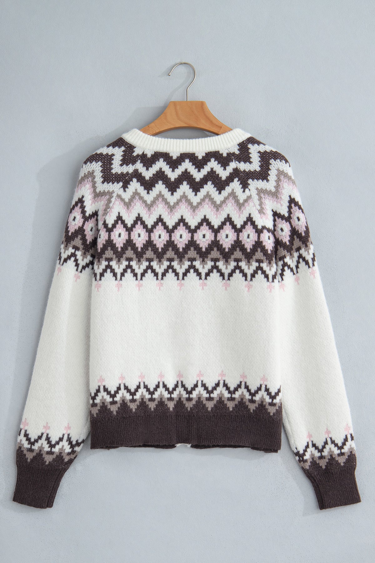 White Geometric Pattern Brushed Knit Button Cardigan