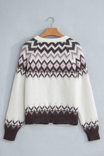 White Geometric Pattern Brushed Knit Button Cardigan