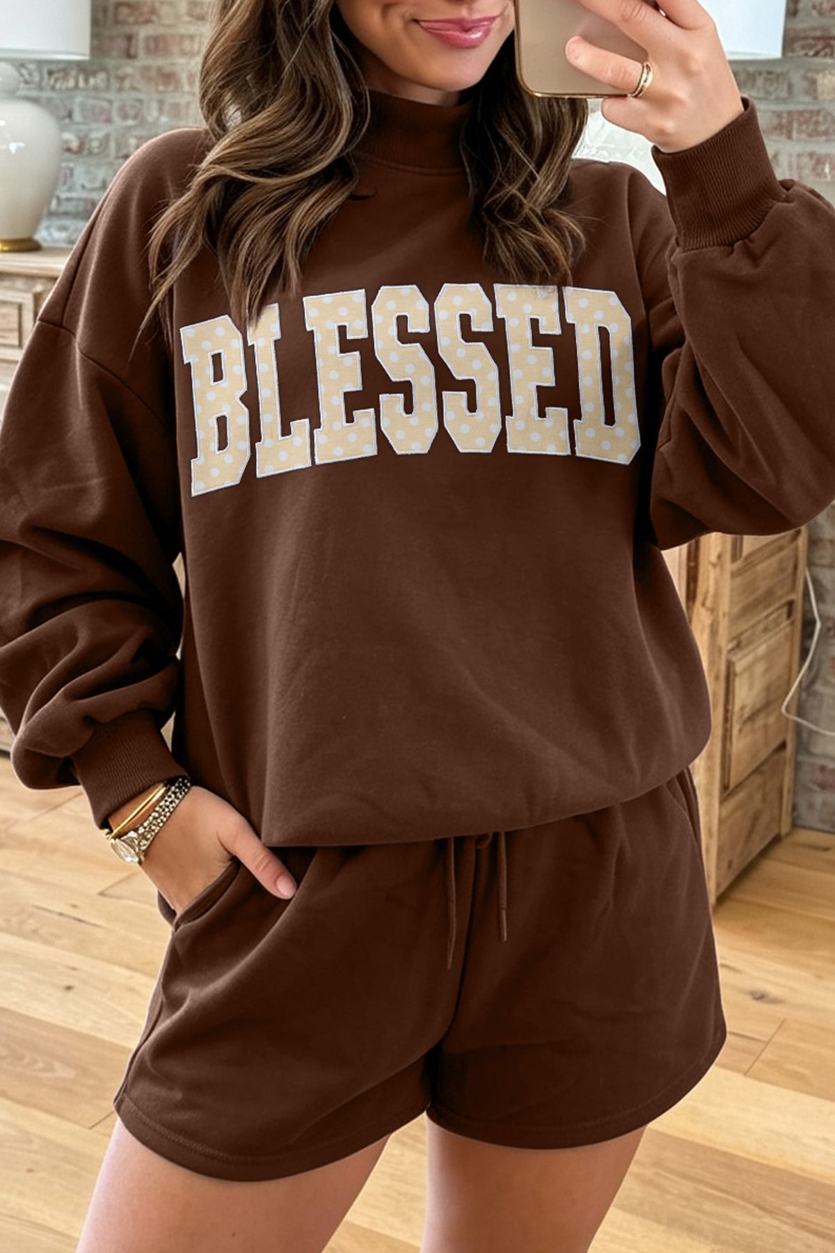 Coffee Christmas Slogan Print Mock Neck Pullover and Shorts Set