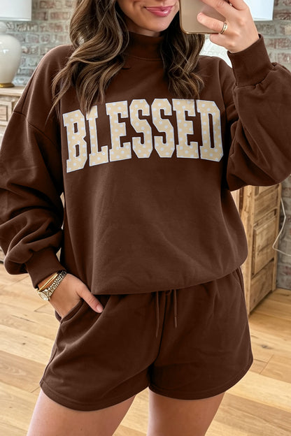 Coffee Christmas Slogan Print Mock Neck Pullover and Shorts Set