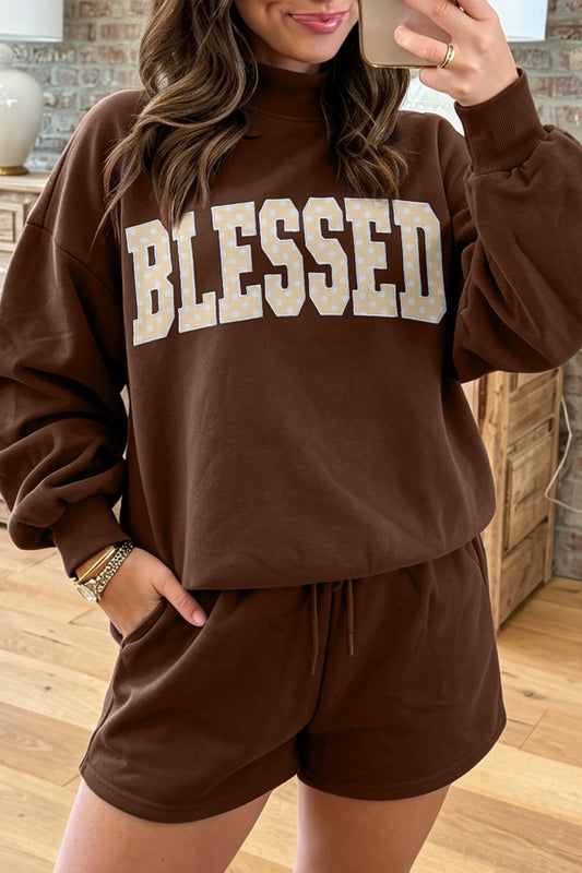 Coffee Christmas Slogan Print Mock Neck Pullover and Shorts Set
