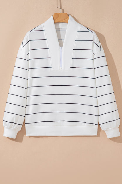 Fiery Red Zip V Neck Casual Stripe Print Drop Shoulder Long Sleeve Top
