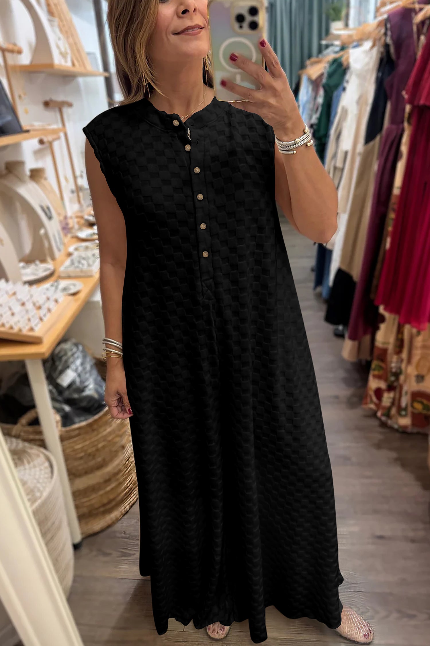 Black Half Buttons Sleeveless Wide Leg Textured Jumpsuit