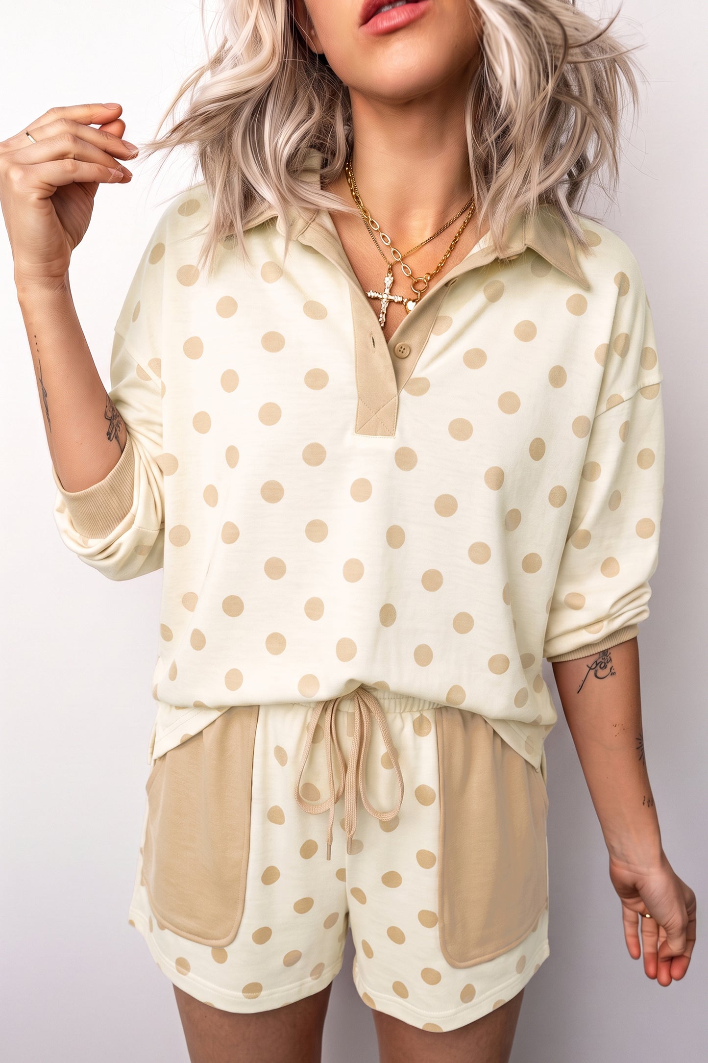 Khaki Polka Dot Drop Shoulder Polo Loose Pullover Patch Pocket Casual Shorts Set