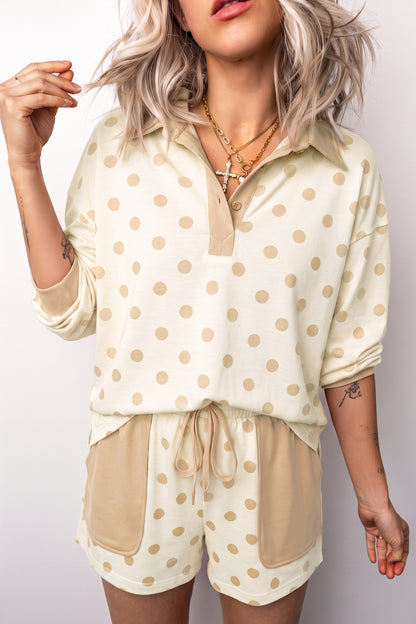 Khaki Polka Dot Drop Shoulder Polo Loose Pullover Patch Pocket Casual Shorts Set