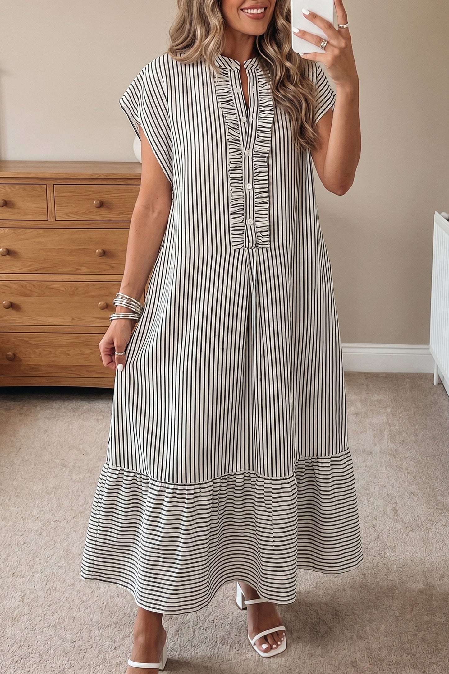 Black Stripe Frilled Detail Half Buttons Short Sleeve Long Dress