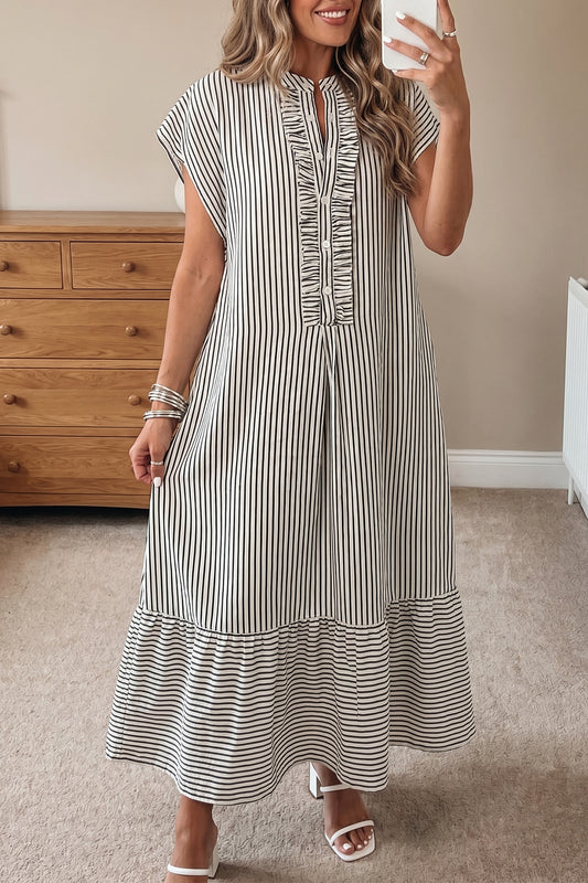 Black Stripe Frilled Detail Half Buttons Short Sleeve Long Dress