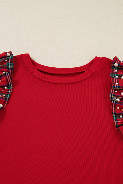Racing Red Plaid Pearl Ruffled Short Sleeve Knitted Christmas Holiday Plus Size T-shirt