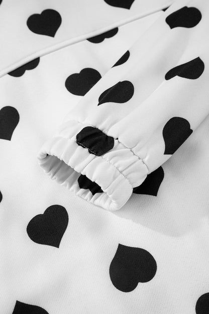 White Double Flap Pocket Heart Print Collar Zip Jacket