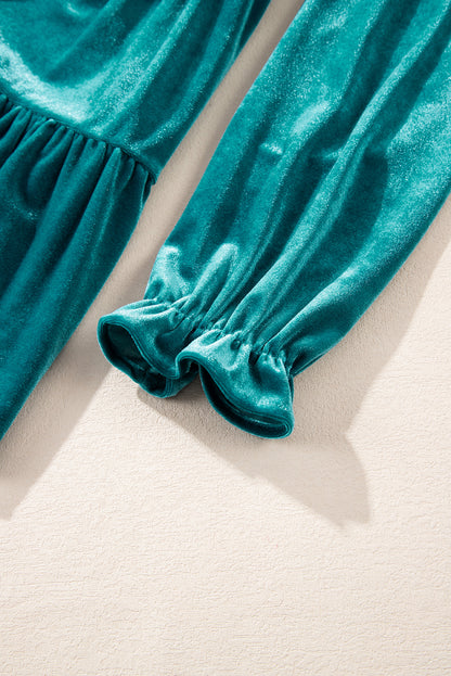 Chemisier en velours vert d'eau à col en V et manches bouffantes