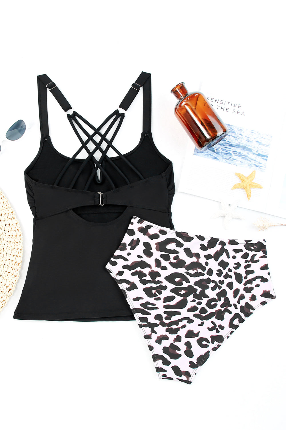 Traje de baño tankini con tiras y escote de muesca en contraste de cintura alta