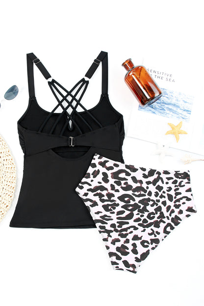 Traje de baño tankini con tiras y escote de muesca en contraste de cintura alta