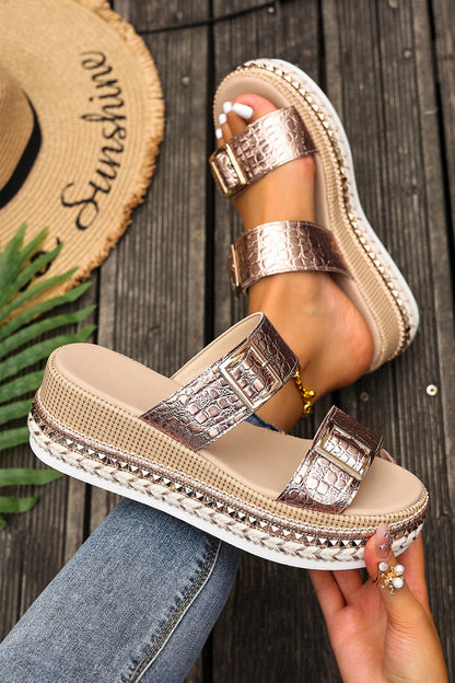 Gold Metallic Textured PU Leather Buckle Wedge Platform Slippers