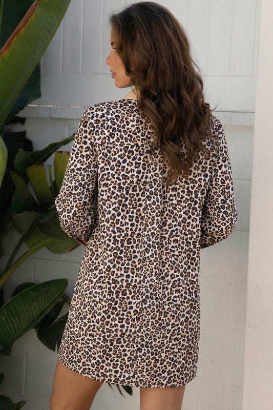 Khaki Button Striped Collar Leopard Print Long Sleeve Flared Dress