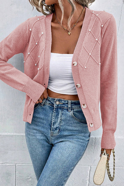 Cardigan boutonné en tricot texturé rose sépia orné de perles