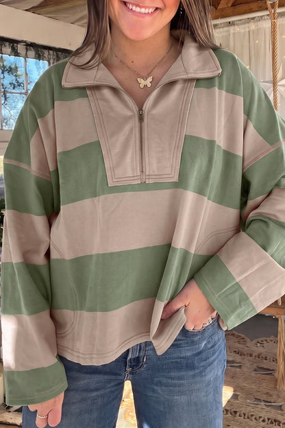 Green Striped Colorblock Zipper Pullover Long Sleeve Loose Top