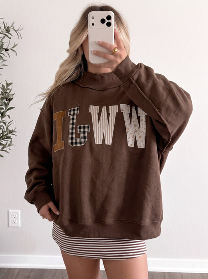 Coffee WWJD Mixed Pattern Embroidered Patch Graphic Mock Neck Sweatshirt
