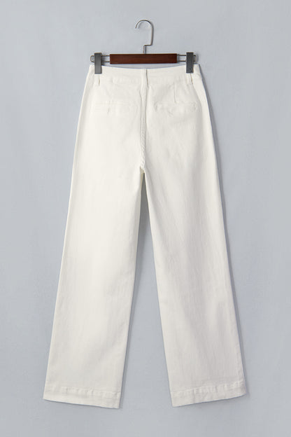 White Solid Color Scalloped Patch Pocket Shift Jeans