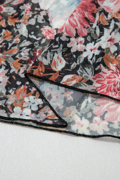Brown Floral Printed Mesh Short Sleeve Top