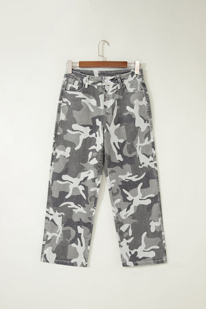 Green Camo Pattern Cotton Denim Shift Jeans