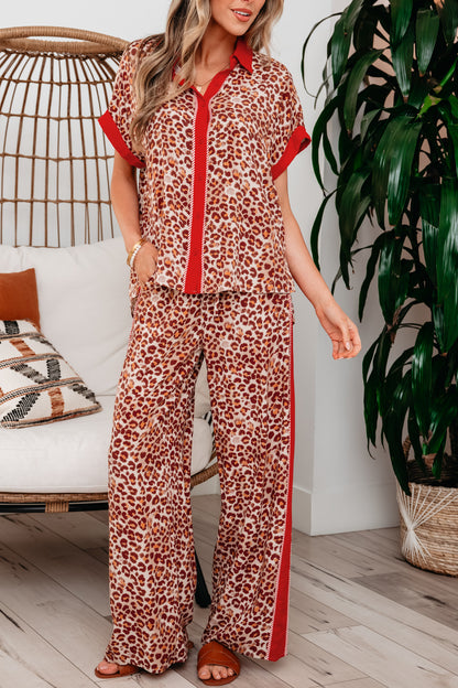 Brown Contrast Trim Leopard Top and Pant Set