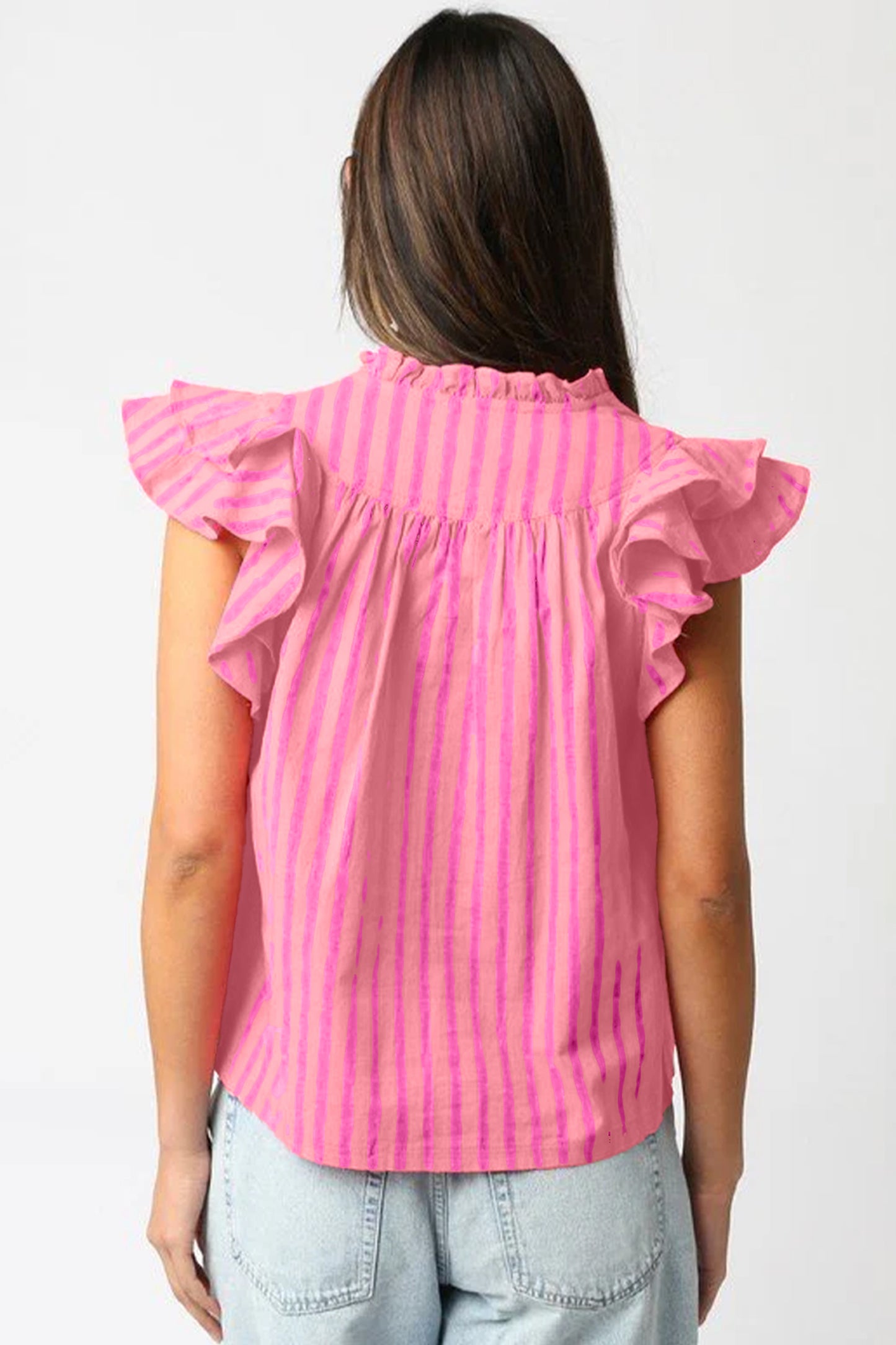 Pink Stripe Split Neck Ruffled Summer Blouse