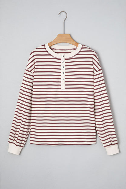 Red Dahlia Striped Print Drop Shoulder Long Sleeve Henley Top