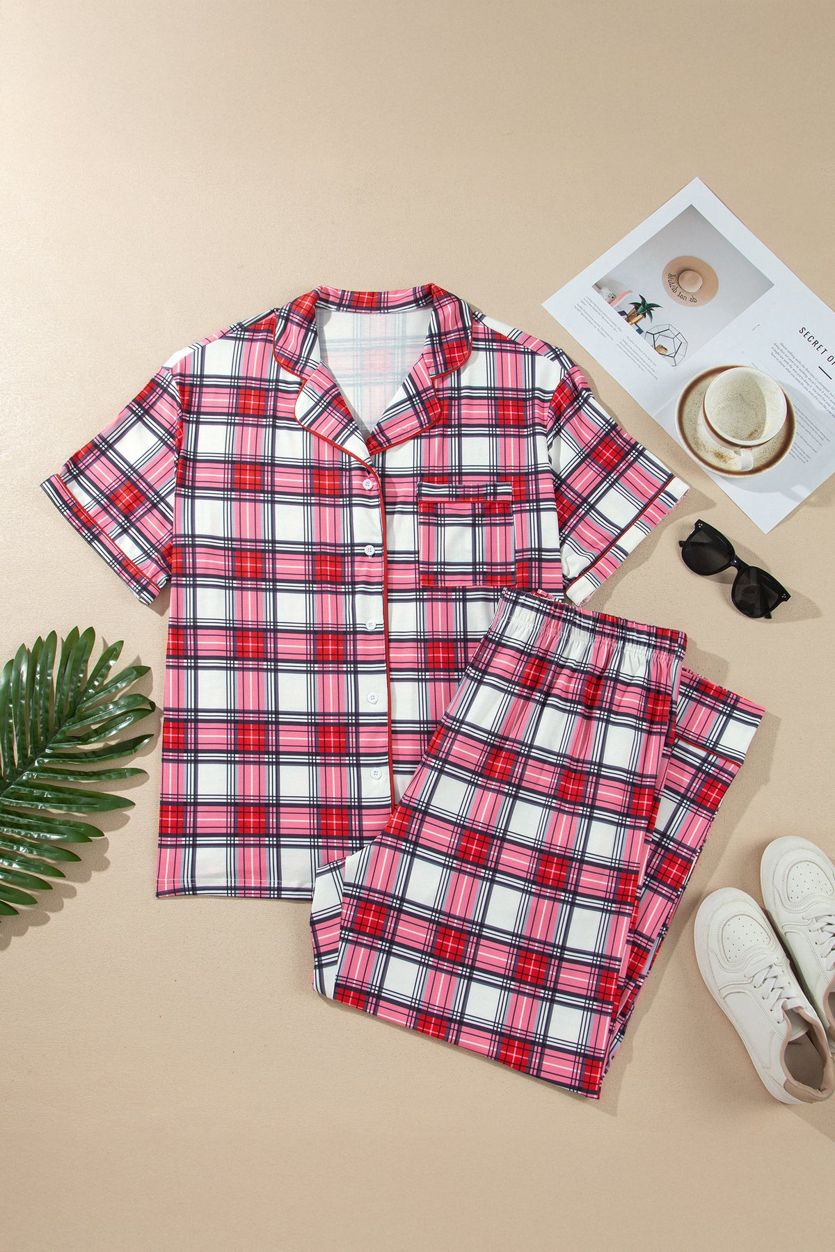 Red Plus Size Short Sleeve Button Down Plaid Pajama 2pcs Pant Set