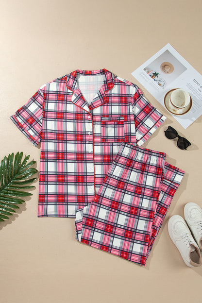 Red Plus Size Short Sleeve Button Down Plaid Pajama 2pcs Pant Set