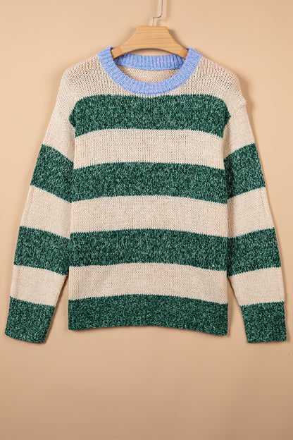 Green Stripe Striped Colorblock Drop Shoulder Pullover Sweater