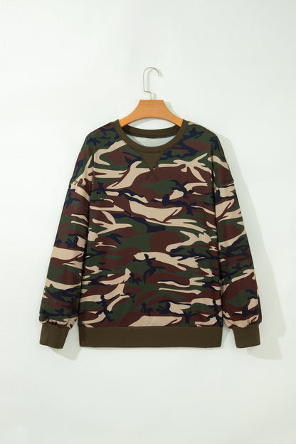 Multicolour Camouflage Print Round Neck Baggy Pullover Sweatshirt