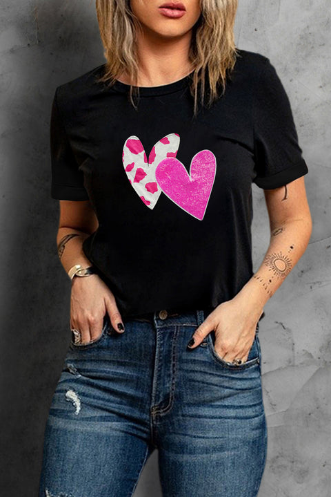 Black Valentines Double Heart Sequin Graphic T-shirt