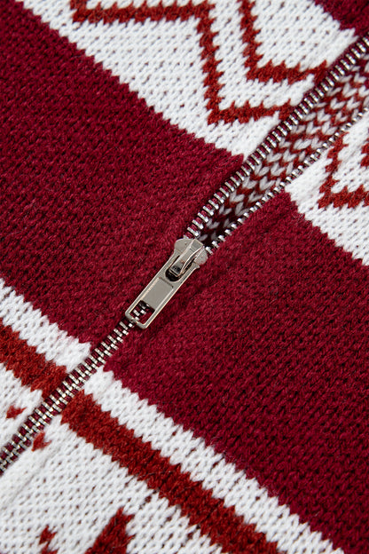 Red Geometric Pattern Zip-Up Knit Long Sleeve Regular Fit Cardigan