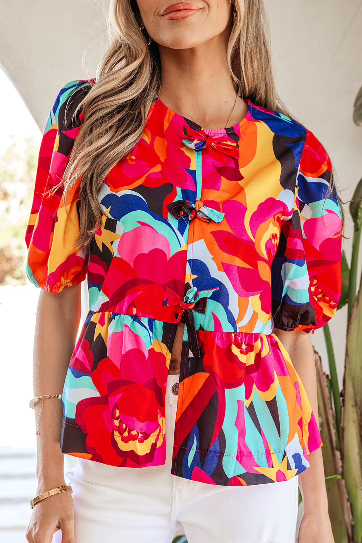 Red Abstract Floral Print Front Tied Puff Sleeve Babydoll Blouse
