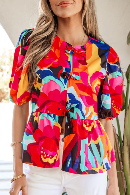 Red Abstract Floral Print Front Tied Puff Sleeve Babydoll Blouse