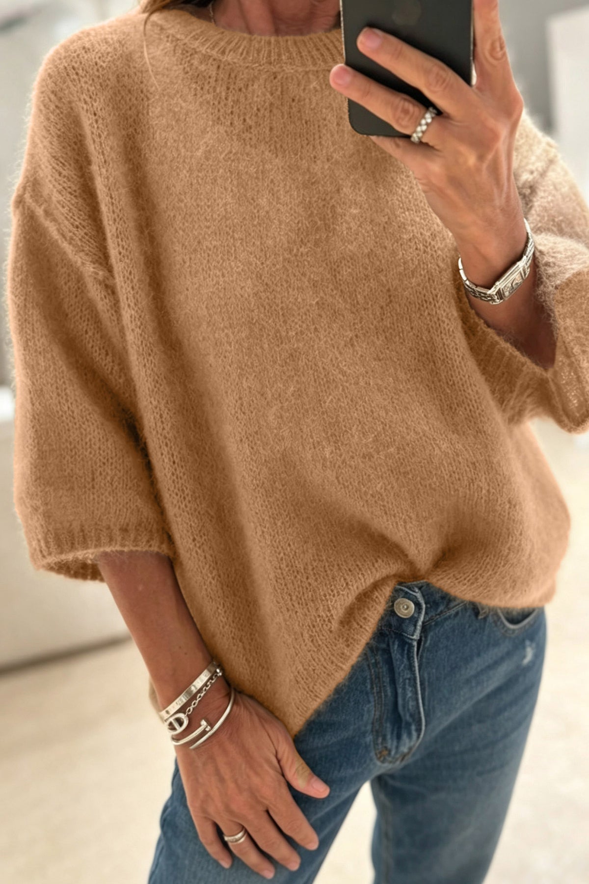Camel Solid Color Knit Half Sleeve Round Neck Shift Sweater