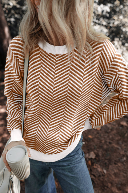 Pull ras du cou à épaules tombantes et bords contrastés couleur café