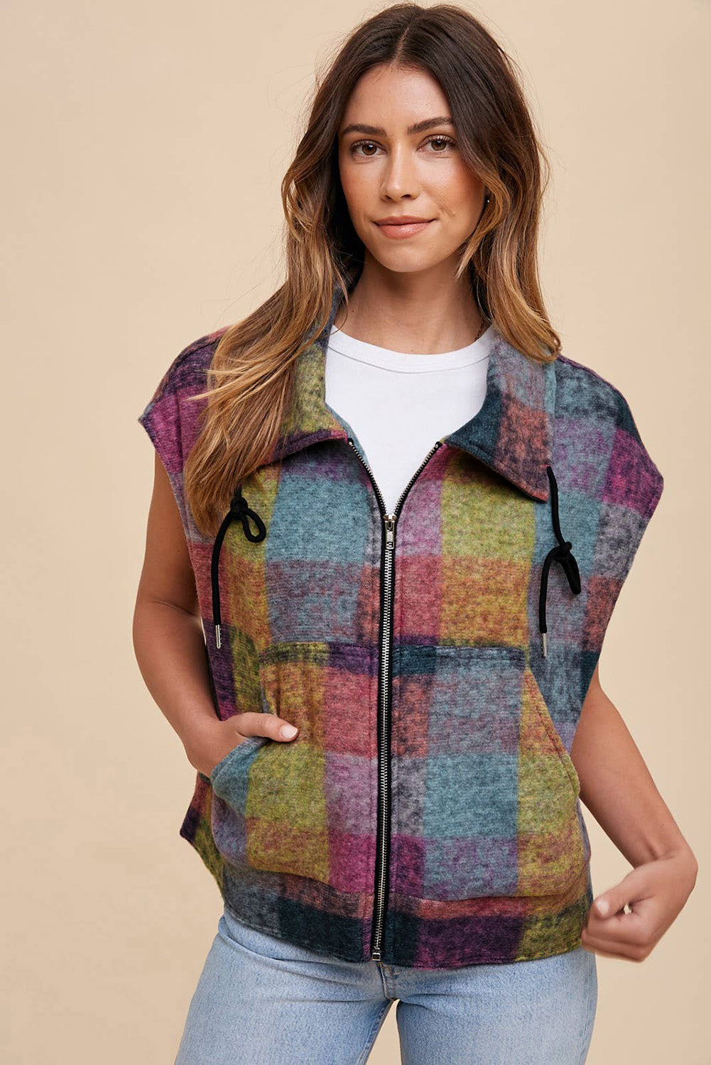 Gilet ample zippé à imprimé écossais multicolore avec poches latérales