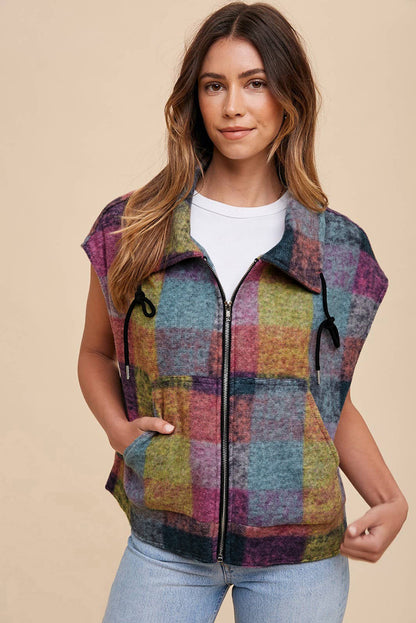 Gilet ample zippé à imprimé écossais multicolore avec poches latérales