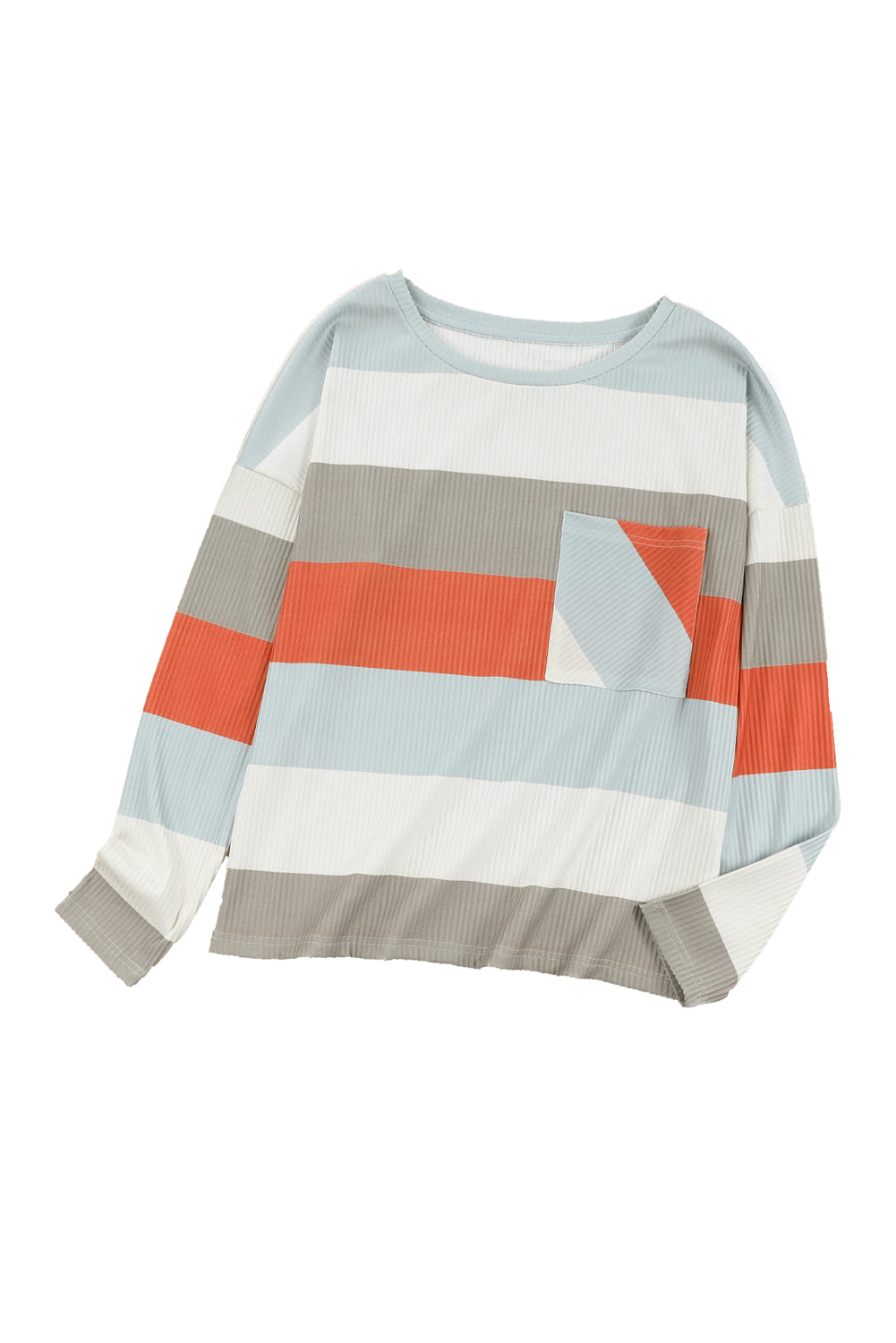 Color Block Ribbed Long Sleeve Top with Pocket