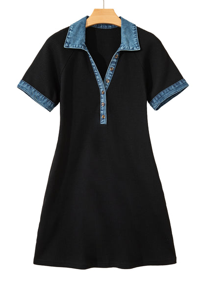 Black Waffle Knit Denim Contrast Trim Patchwork Button Polo Tee Dress
