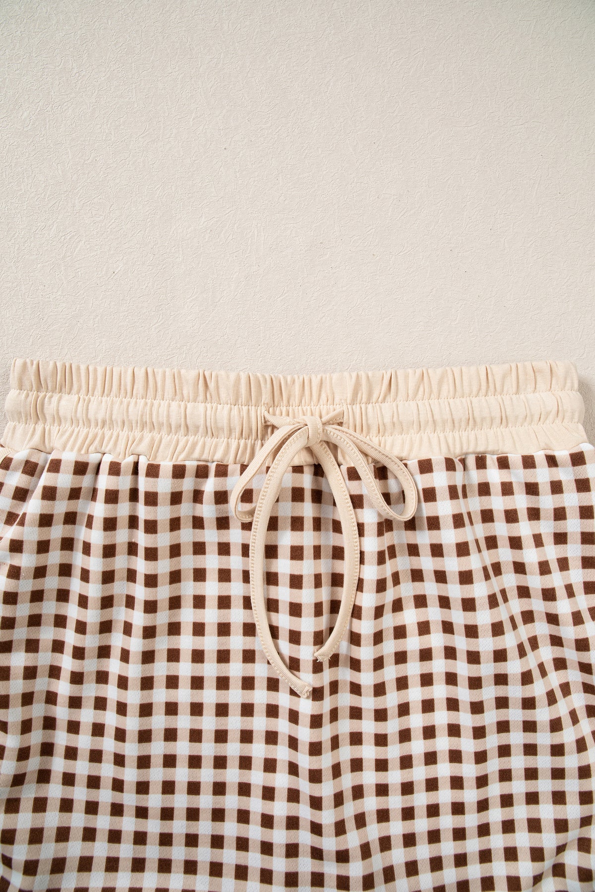 Brown Gingham Oversized Ribbed Trim Crew Neck Long Sleeve Top and Skort Set