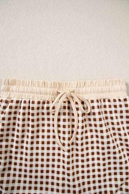 Brown Gingham Oversized Ribbed Trim Crew Neck Long Sleeve Top and Skort Set