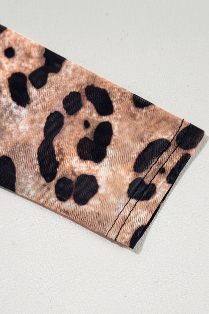 Haut slim à manches longues et col rond motif léopard marron