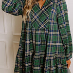 Green Plaid Print Frilly Collar Long Sleeve Shift Mini Dress