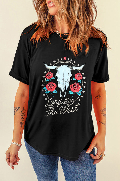 Black Long Live The West Floral Steer Head Graphic Tee
