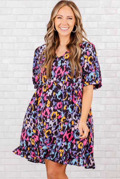 Mini-robe grande taille à volants et col en V, imprimé léopard violet