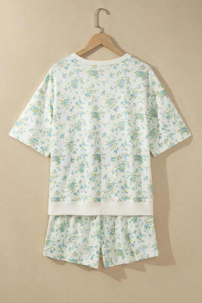 Pink Floral Print Short Sleeve Elastic Waist Pocket Two Piece Set