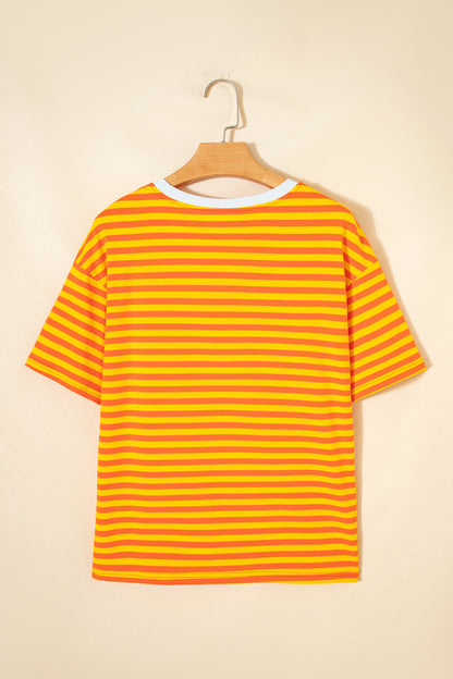 Sky Blue Stripe Contrast Crew Neck Drop Shoulder Loose Tee