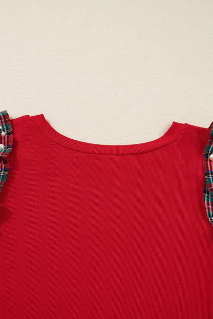 Racing Red Plaid Pearl Ruffled Short Sleeve Knitted Christmas Holiday Plus Size T-shirt